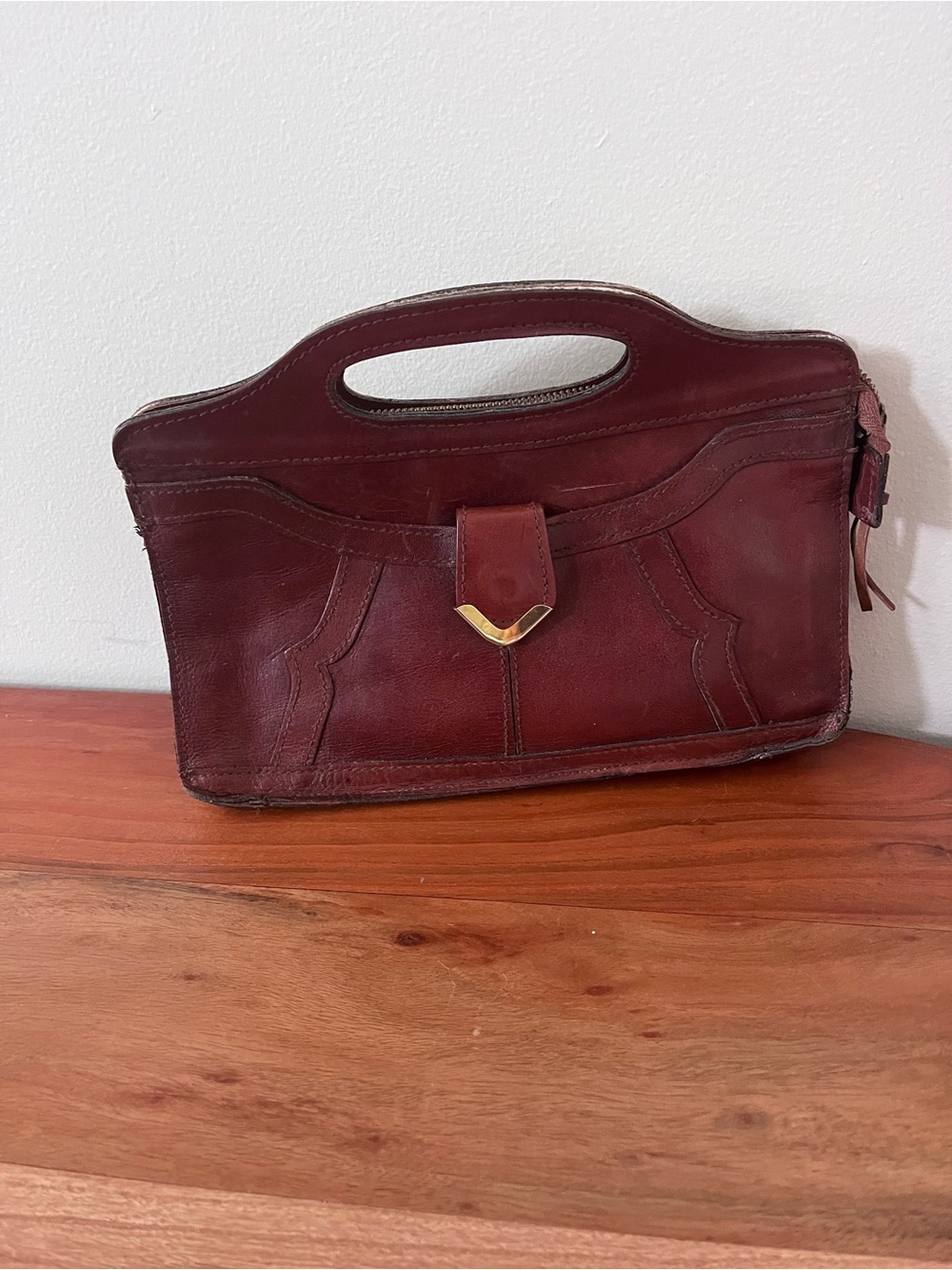 Vintage Oxblood Leather Cut Out Handle Clutch Bag Burgundy Gold Hardware